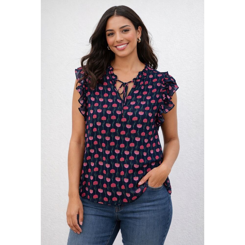 J. Crew Navy Pink Floral Ruffled Flutter Cap Sleeve V-neck Top Women's L‎